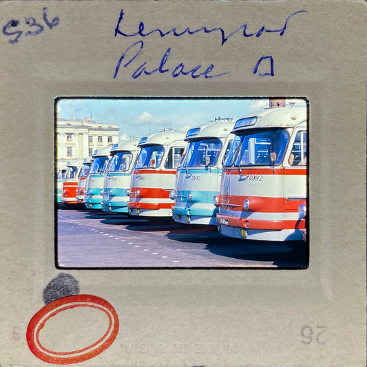 Untitled, Buses parked at Peterhof Palace, Leningrad, Russia, 1974 (WL00194: Series of 15)