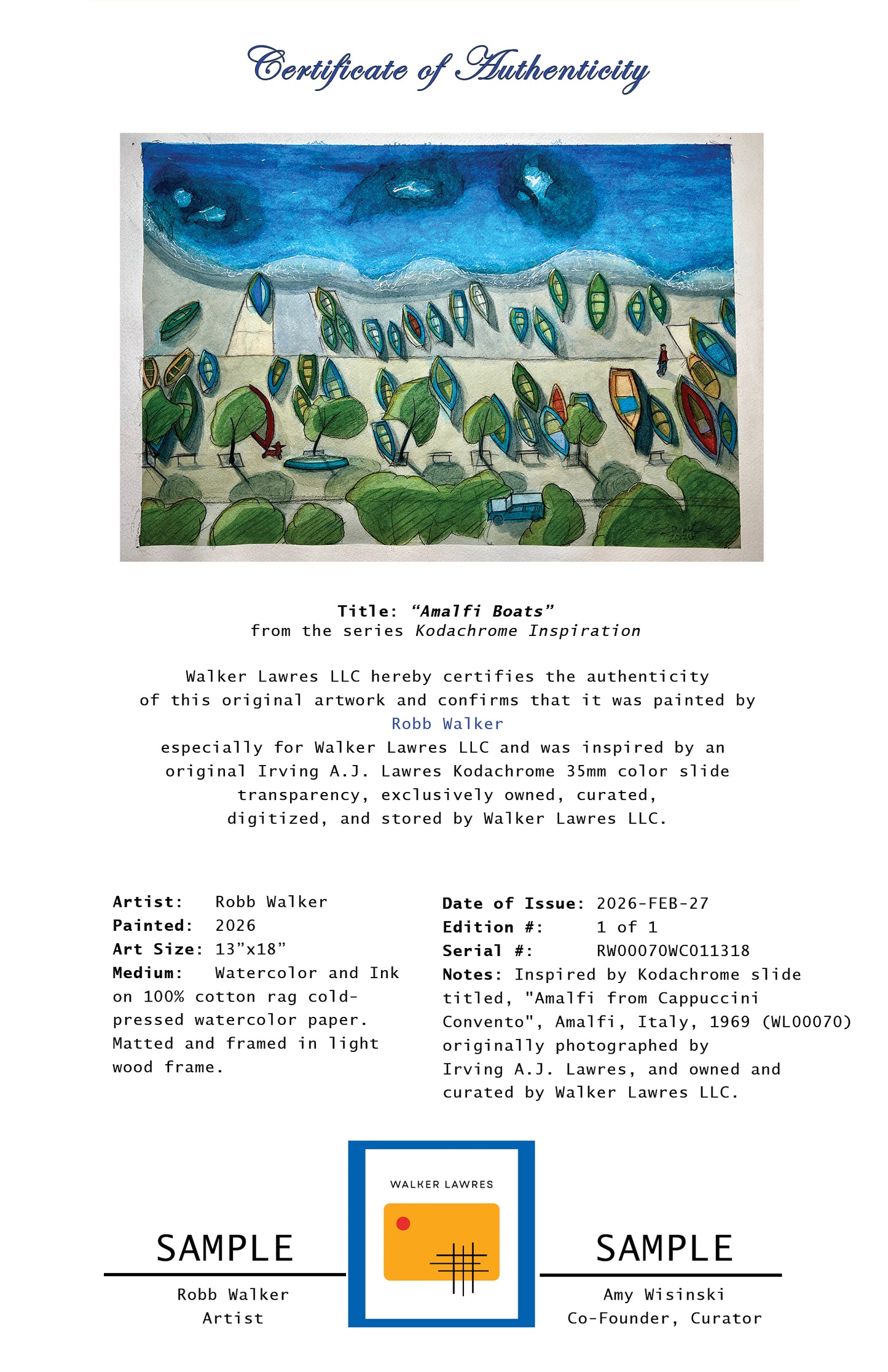 "Amalfi Boats", 2026, Original Watercolor by Robb Walker, 18"x24" Framed (RW00070WC011318)