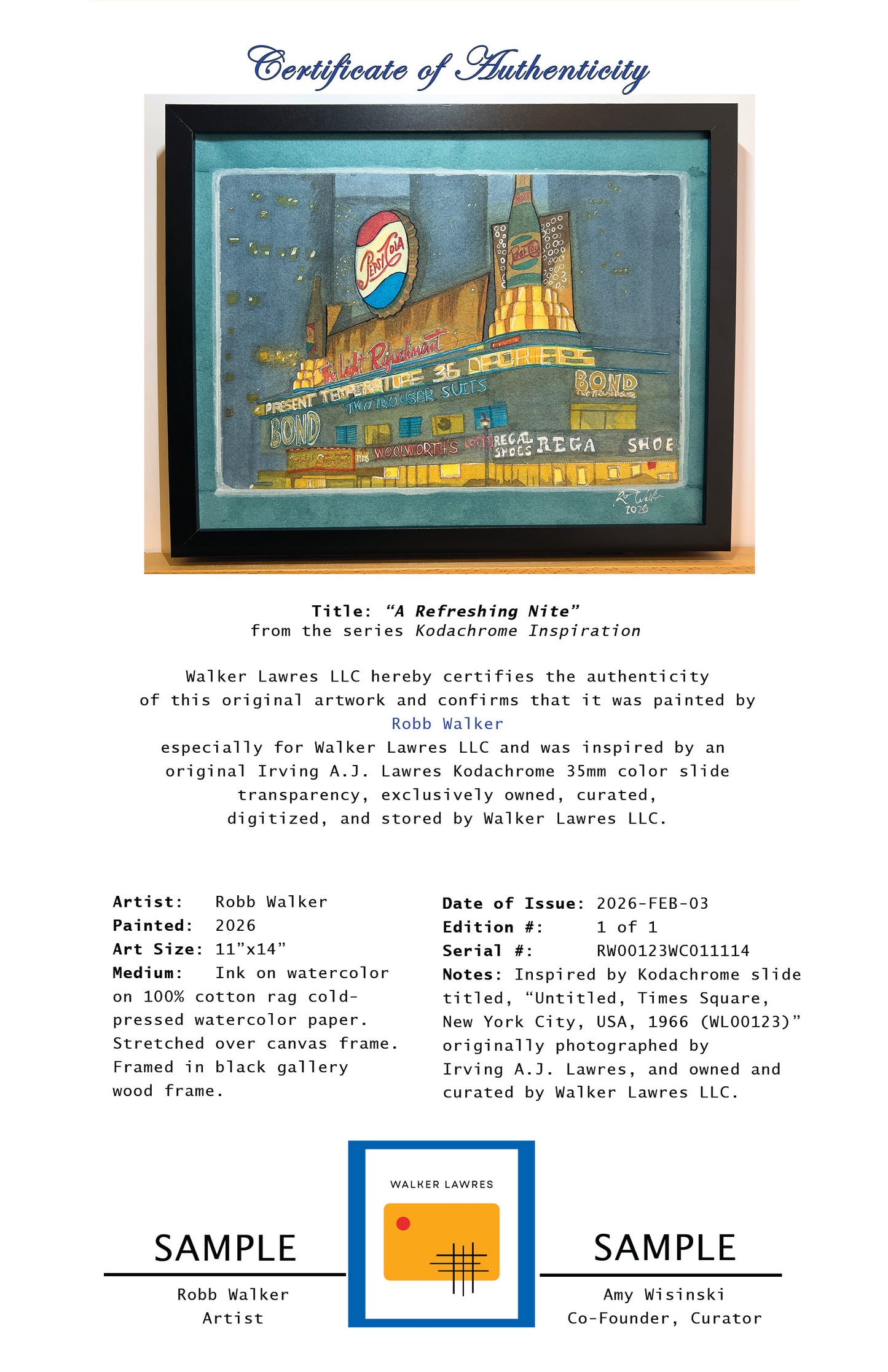 "A Refreshing Nite", 2026, Original Watercolor by Robb Walker, 11"x14" Framed (RW00123WC011114)