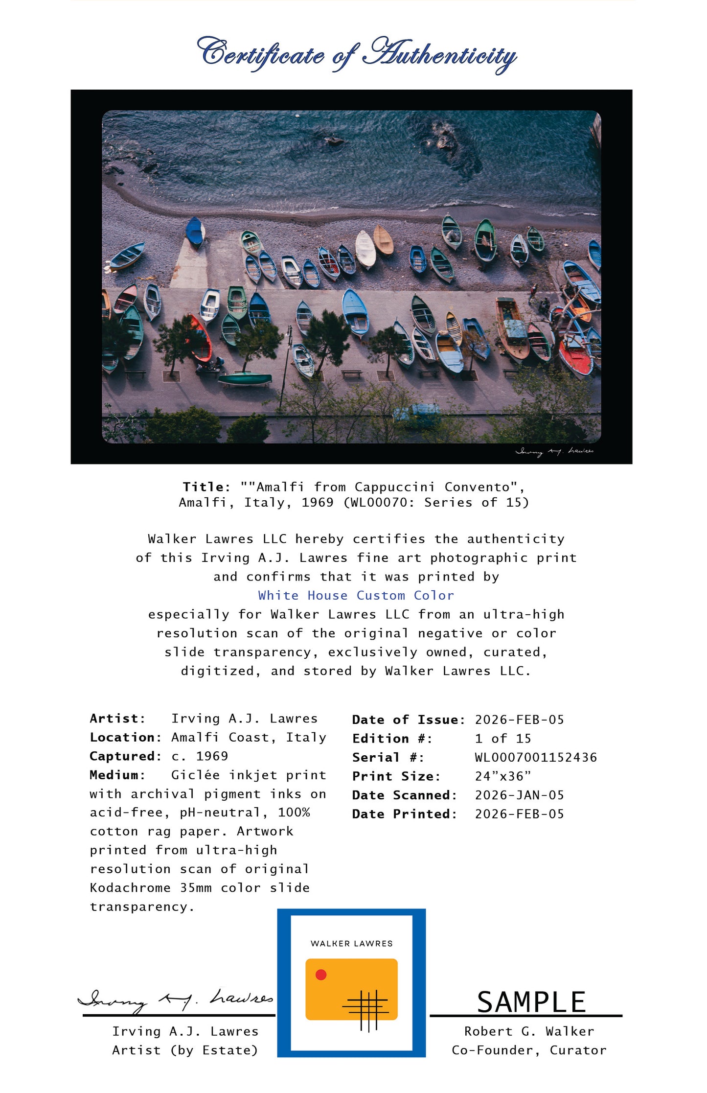 "Amalfi from Cappuccini Convento", Amalfi, Italy, 1969 (WL00070: Series of 15)