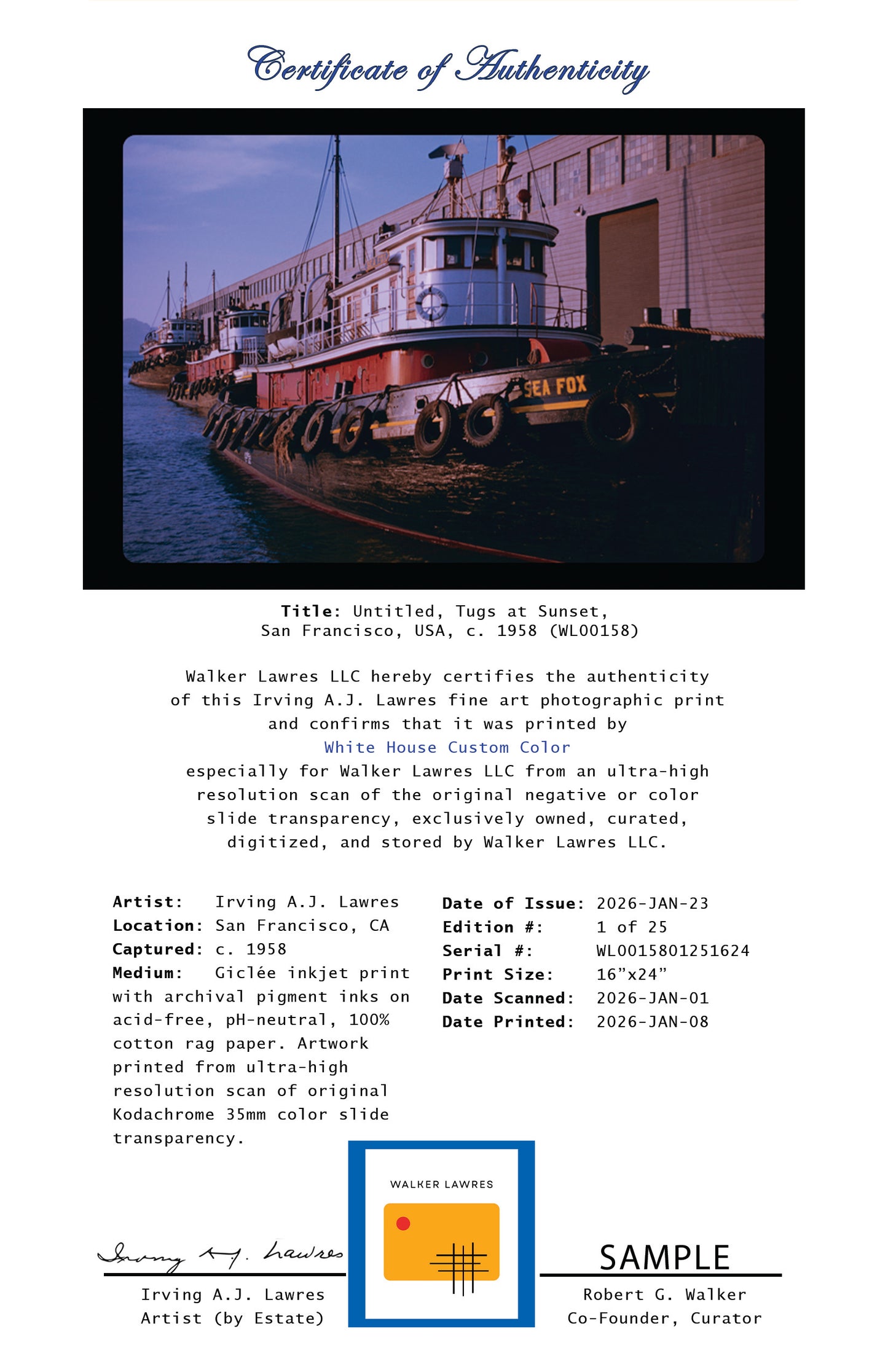 Untitled, Tugs at Sunset, San Francisco, USA, c. 1958 (WL00158: Series of 25)
