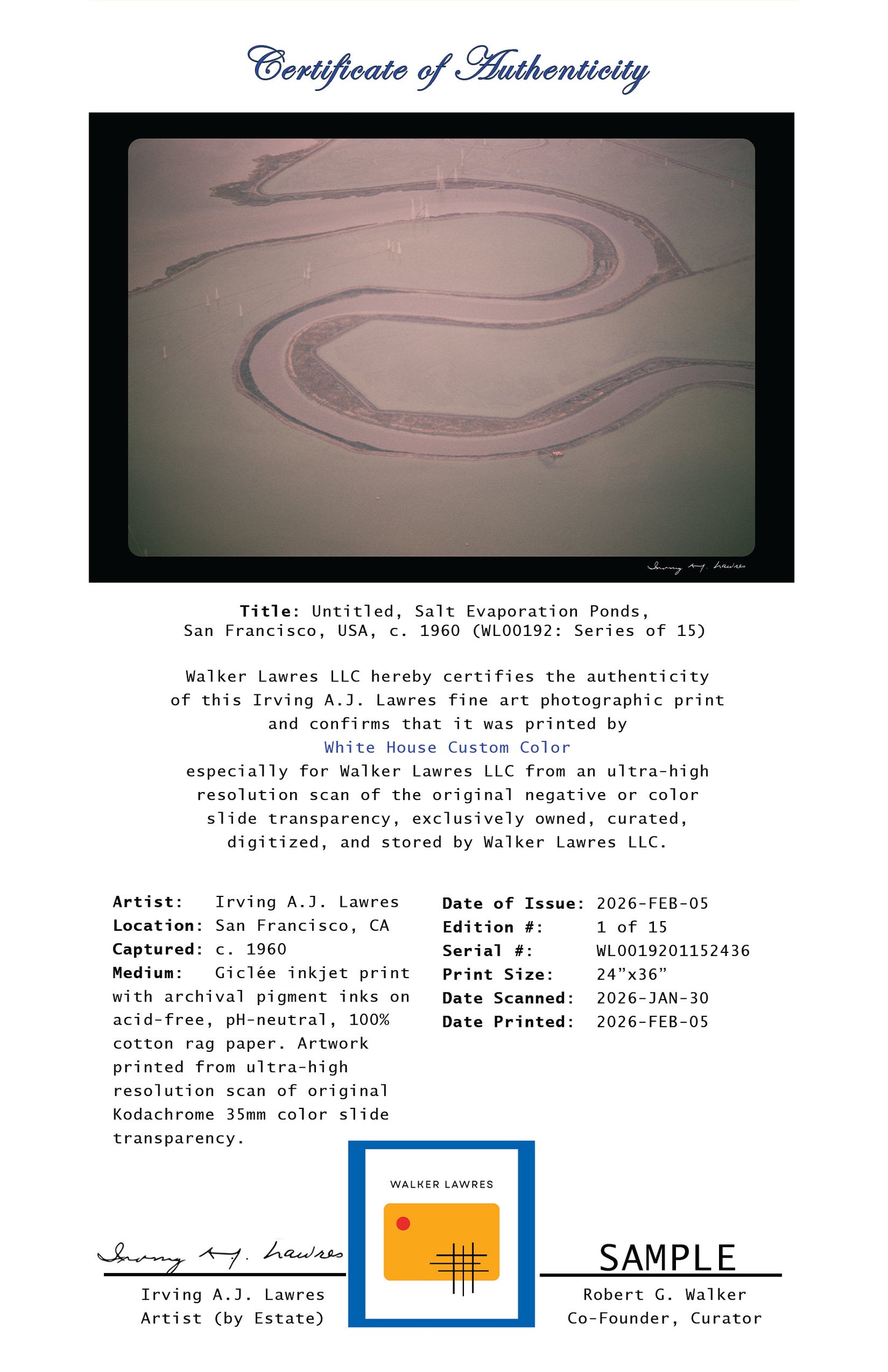 Untitled, Salt Evaporation Ponds, San Francisco, USA, c. 1960 (WL00192: Series of 15)