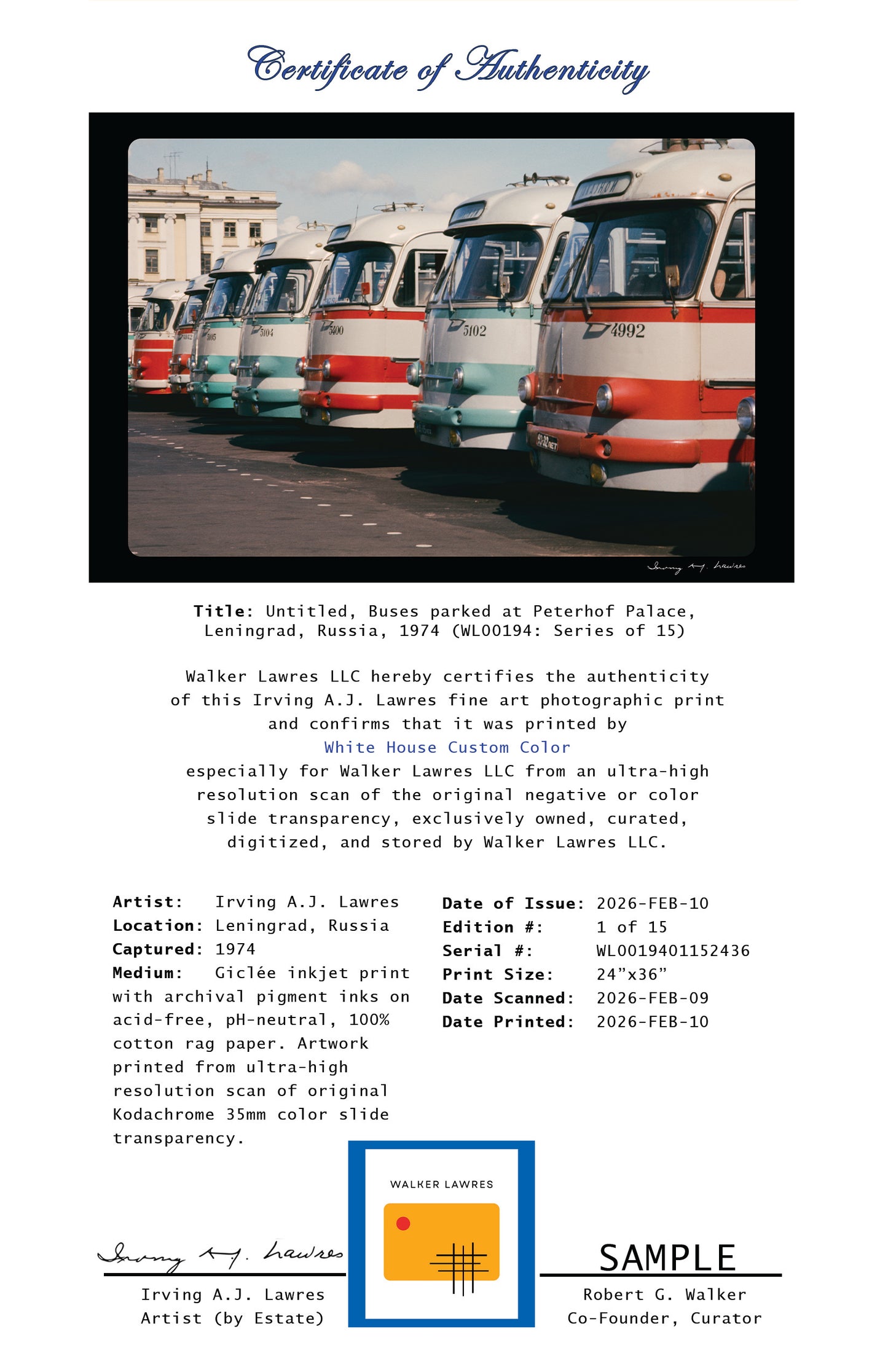 Untitled, Buses parked at Peterhof Palace, Leningrad, Russia, 1974 (WL00194: Series of 15)